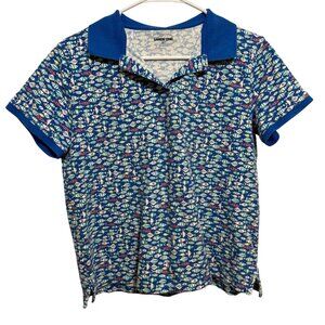 Lands End Polo Shirt Women's M Petite 10-12 Fish Print Short Sleeve Blue